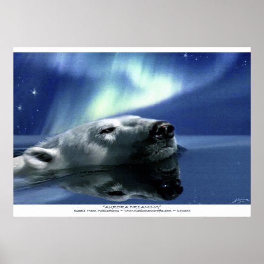 Swimming Polar Bear & Aurora Poster Print ポスター (正面)