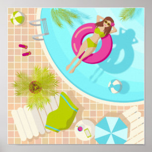 Swimming pool girl in bikini summer beach ポスター
