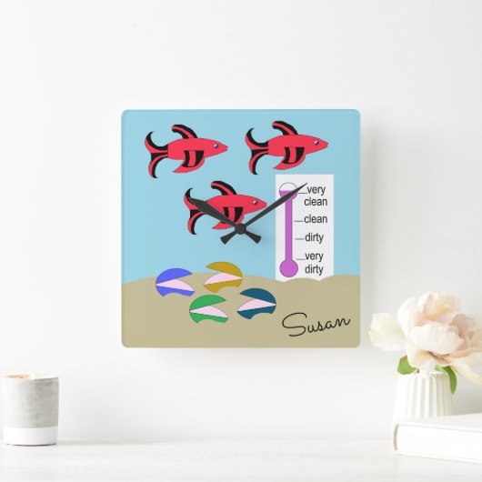 Swimming Red and Black Fish with Clams: スクエア壁時計 (ホーム)