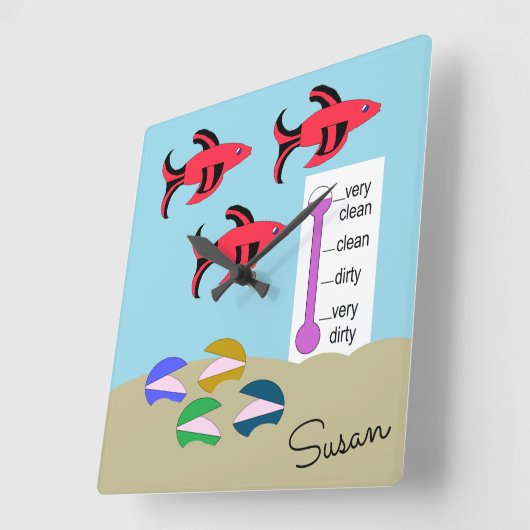 Swimming Red and Black Fish with Clams: スクエア壁時計 (傾斜)