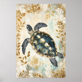 swimming sea turtle surrounded by floral patterns. ポスター (正面)
