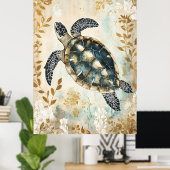 swimming sea turtle surrounded by floral patterns. ポスター (ホームオフィス)