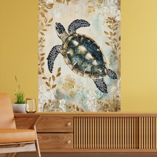 swimming sea turtle surrounded by floral patterns. ポスター (リビング2)