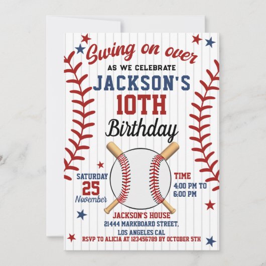 "Swing On Over – Baseball Birthday Boy Party 招待状 (正面)