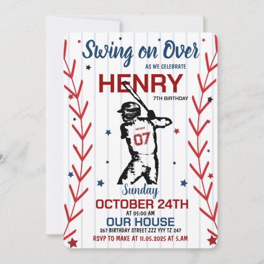 Swing on Over | Baseball Birthday Party 招待状 (正面)