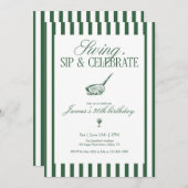 Swing Sip Celebrate Golf Birthday Green Stripe 招待状 (正面/裏面)