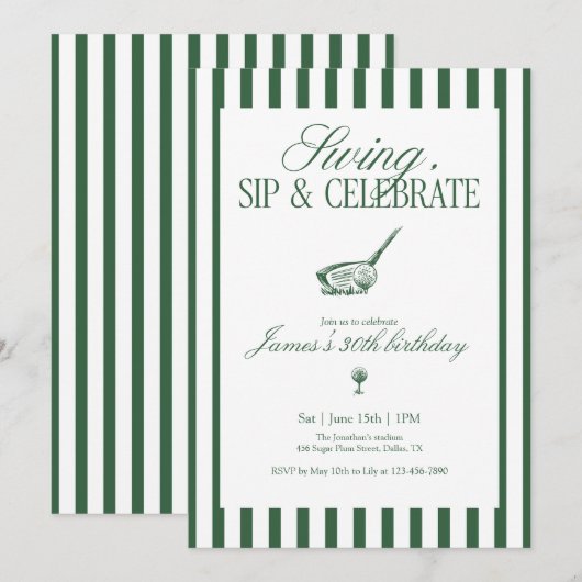 Swing Sip Celebrate Golf Birthday Green Stripe 招待状 (正面/裏面)