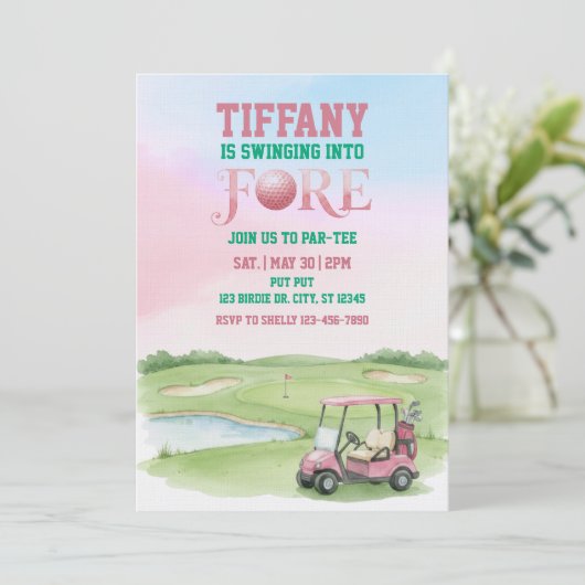 Swinging Into Fore, Pink Golf 4th Birthday 招待状 (スタンド正面)