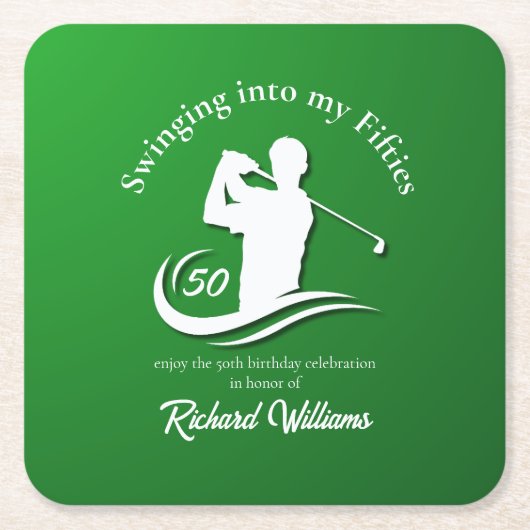 Swinging into My Fifties Modern Golf Player Party スクエアペーパーコースター (正面)