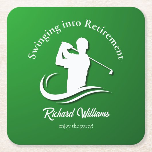 Swinging into Retirement Modern Golf Player Party スクエアペーパーコースター (正面)