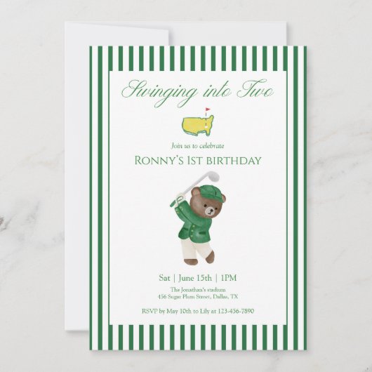 Swinging Into Two Golf 2nd Birthday Teddy Bear 招待状 (正面)