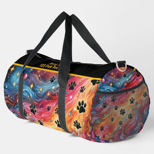 Swirling Cosmic Paw Print Monogram Personalize ダッフルバッグ (右コーナー)