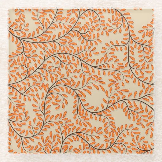 Swirling Orange Leaves on Beige Background ガラスコースター (正面)