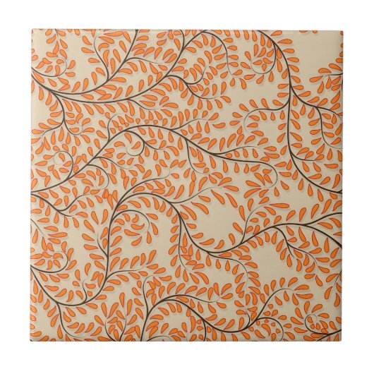 Swirling Orange Leaves on Beige Background タイル (正面)
