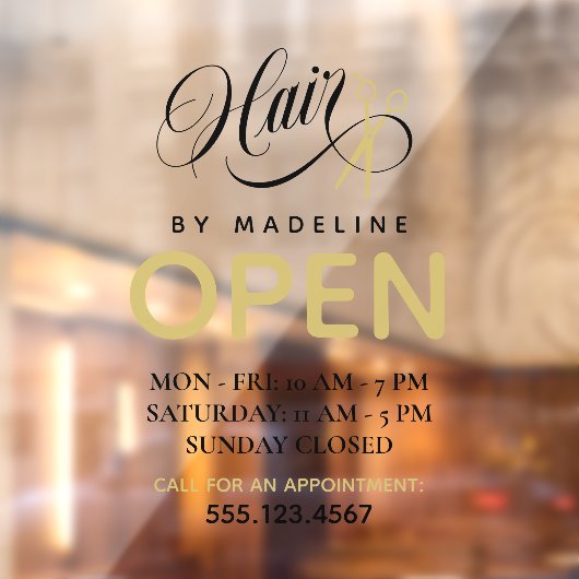 Swirly Black Text Scissors Hair Salon Open Hours ウィンドウサイン (シート2)