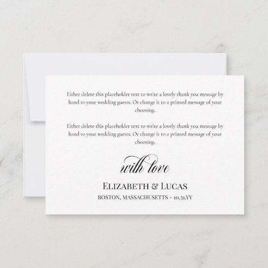 Swirly Elegant Black Script Thank You With Love サンキューカード (裏面)