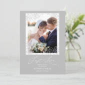 Swirly Flourish Grey Ornament Photo Newlyweds サンキューカード (スタンド正面)