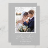 Swirly Flourish Grey Ornament Photo Newlyweds サンキューカード (正面/裏面)