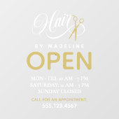 Swirly White Text Scissors Hair Salon Open Hours ウィンドウサイン (シート)