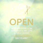 Swirly White Text Scissors Hair Salon Open Hours ウィンドウサイン (シート3)