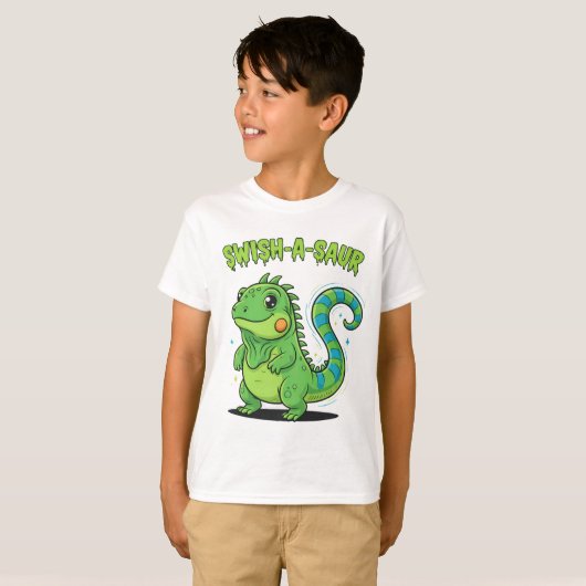 Swish-A-Saur Cute Iguana Dinosaur with Striped Swi Tシャツ (正面フル)