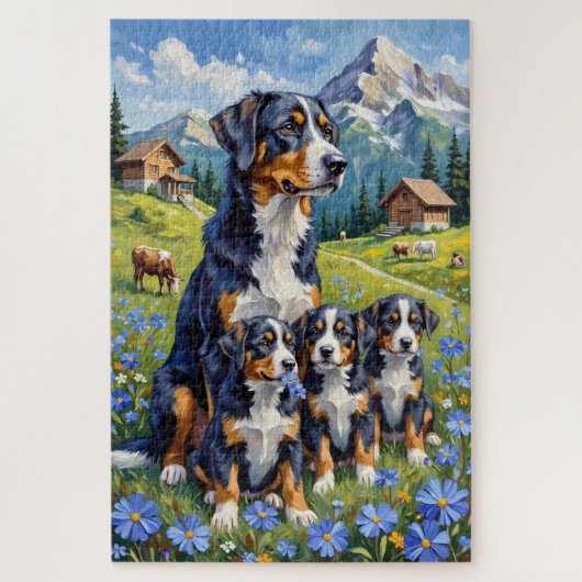 Swiss Mountain Dog Alpine Gentian Art ジグソーパズル (縦)