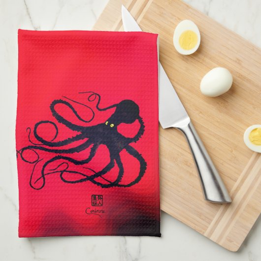 Sybille's Octopus On Red – キッチンタオル (四つ折り)