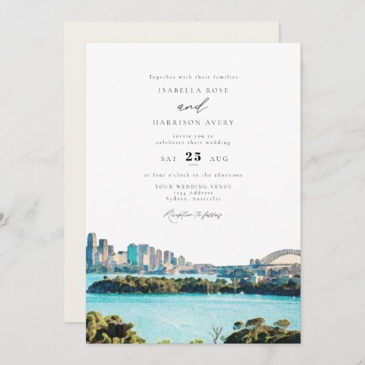 SYDNEY AUSTRALIA水カラーイラストレーション結婚ズ 招待状 (正面/裏面)