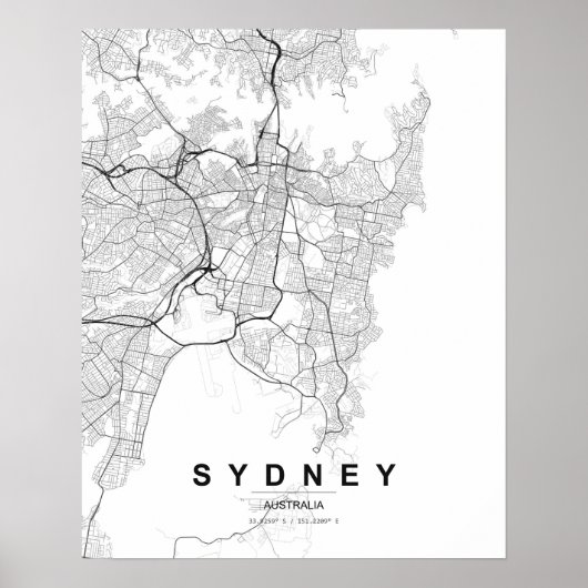Sydney Minimalist Map (Black & White) ポスター (正面)