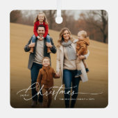 Sylish White Script Christmas Family Photo Name メタルオーナメント (正面)