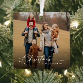 Sylish White Script Christmas Family Photo Name メタルオーナメント