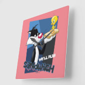 SYLVESTER™ & TWETY™「サンドイッチ遊す」 スクエア壁時計 (傾斜)