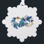 Symbol Infinity of Blue Morpho Butterflies オーナメントカード<br><div class="desc">Symbol infinity of gold,  decorated with realistic blue butterflies morpho on a white background. Design with butterflies. Morpho. Design with blue butterflies morpho.</div>