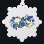 Symbol Infinity of Blue Morpho Butterflies オーナメントカード<br><div class="desc">Symbol infinity of gold,  decorated with realistic blue butterflies morpho on a white background. Design with butterflies. Morpho. Design with blue butterflies morpho.</div>
