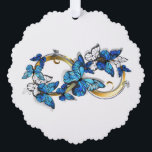 Symbol Infinity of Blue Morpho Butterflies オーナメントカード<br><div class="desc">Symbol infinity of gold,  decorated with realistic blue butterflies morpho on a white background. Design with butterflies. Morpho. Design with blue butterflies morpho.</div>