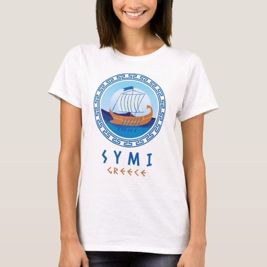Symi，ギリシャのギリシャの船デザインの女性 Tシャツ (正面)