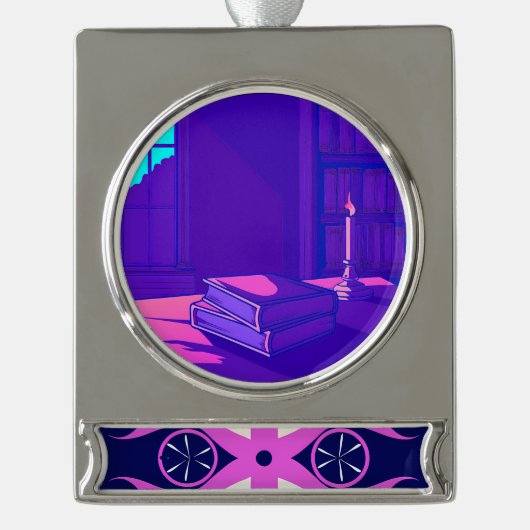 Symmetrical Abstract Pattern in Purple and White シルバープレートバナーオーナメント (正面)