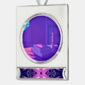 Symmetrical Abstract Pattern in Purple and White シルバープレートバナーオーナメント (左)