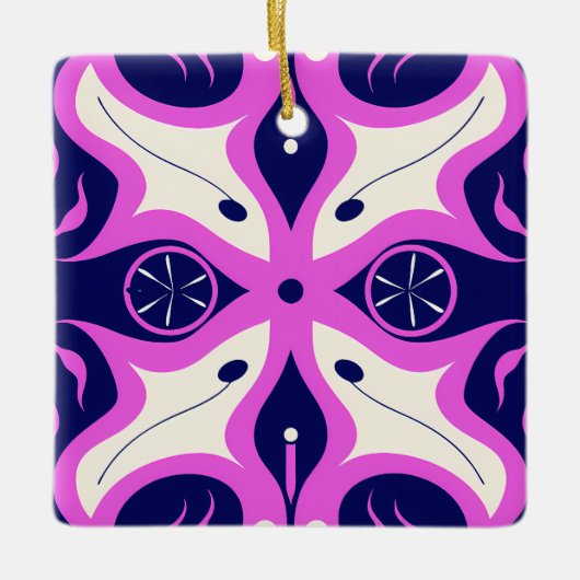Symmetrical Abstract Pattern in Purple and White セラミックオーナメント (正面)