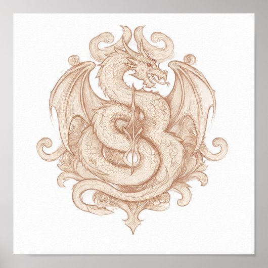 Symmetrical Heraldic Art: Gothic Dragon Emblem ポスター (正面)