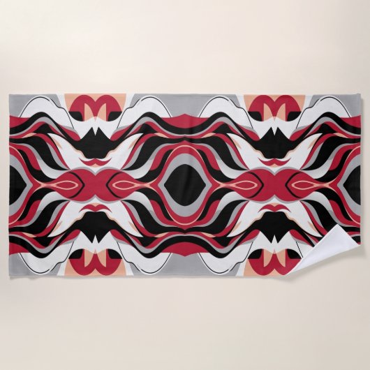 Symmetrical Red and Black Abstract Flow Pattern ビーチタオル (正面)