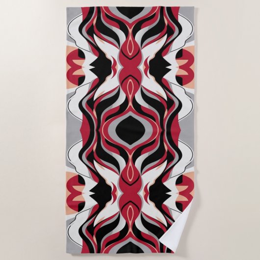 Symmetrical Red and Black Abstract Flow Pattern ビーチタオル (正面)