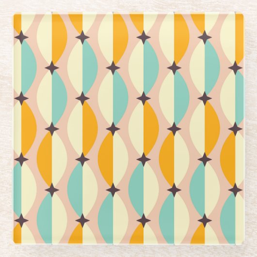 Symmetrical retro pattern with interlocking teal ガラスコースター (正面)