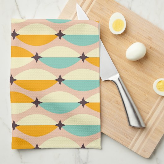 Symmetrical retro pattern with interlocking teal キッチンタオル (四つ折り)