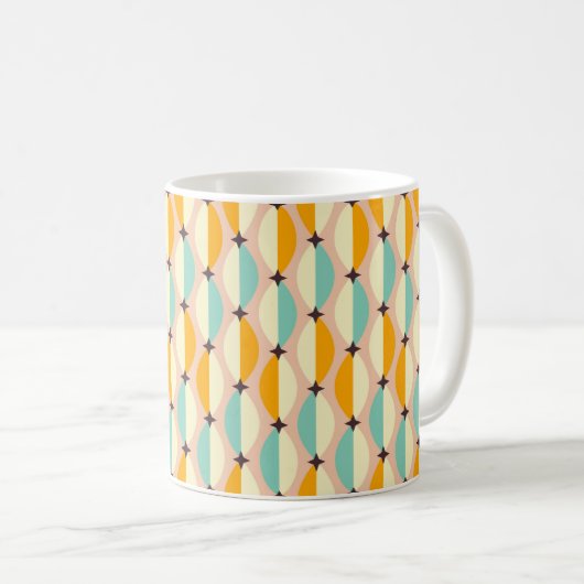 Symmetrical retro pattern with interlocking teal コーヒーマグカップ (正面右)