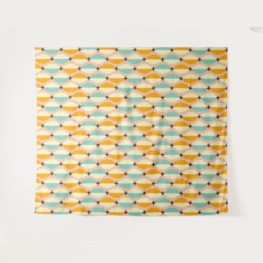 Symmetrical retro pattern with interlocking teal タペストリー (正面(横))