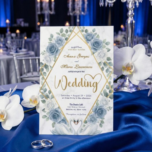 Symmetrical Swan Heart Romantic Dusty Blue 招待状