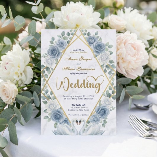 Symmetrical Swan Heart Romantic Dusty Blue 招待状