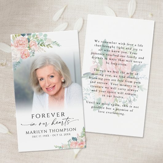 Sympathy Elegant Pink Floral Photo Prayer Card
