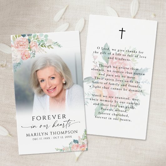 Sympathy Elegant Pink Floral Photo Prayer Card